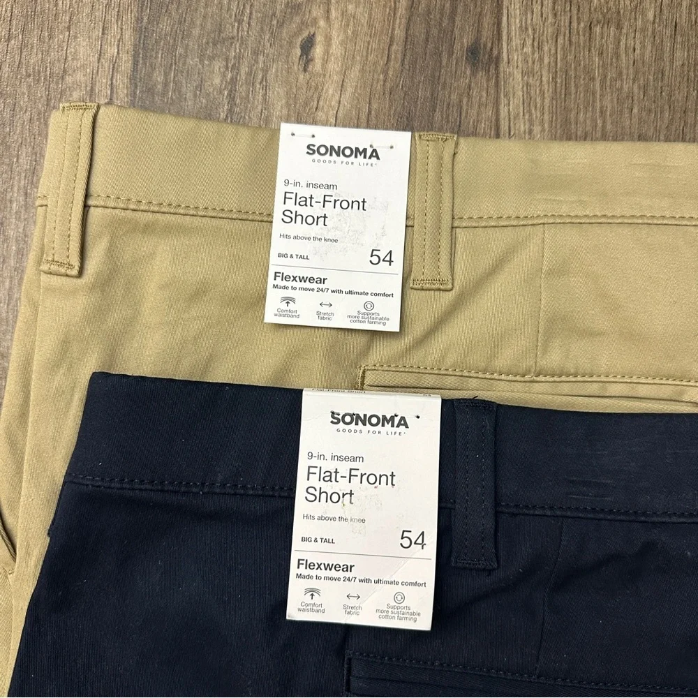 Sonoma Flexwear Flat Front Cotton Shorts 2 pc Bundle Size 54 Blue Tan